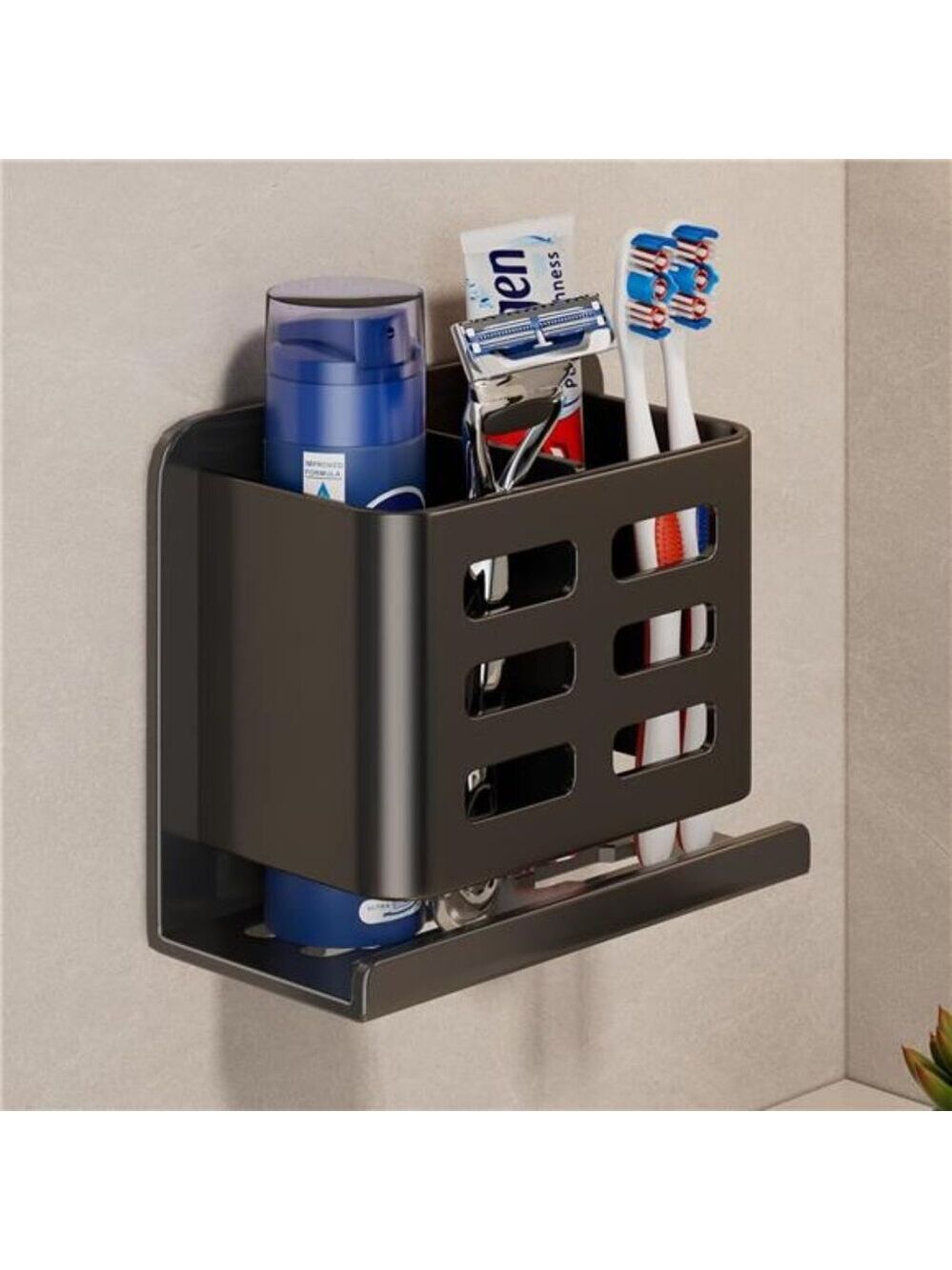 Black Wall Toothbrush Holder Aluminum Bathroom Storage Rack No Drilling Toothpas
